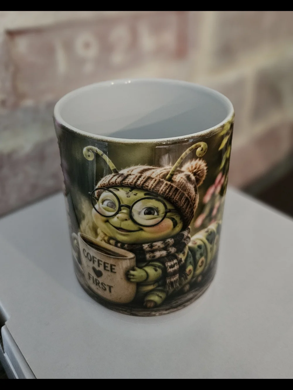 Hand Crafted White Ceramic Mug with Whimical Design